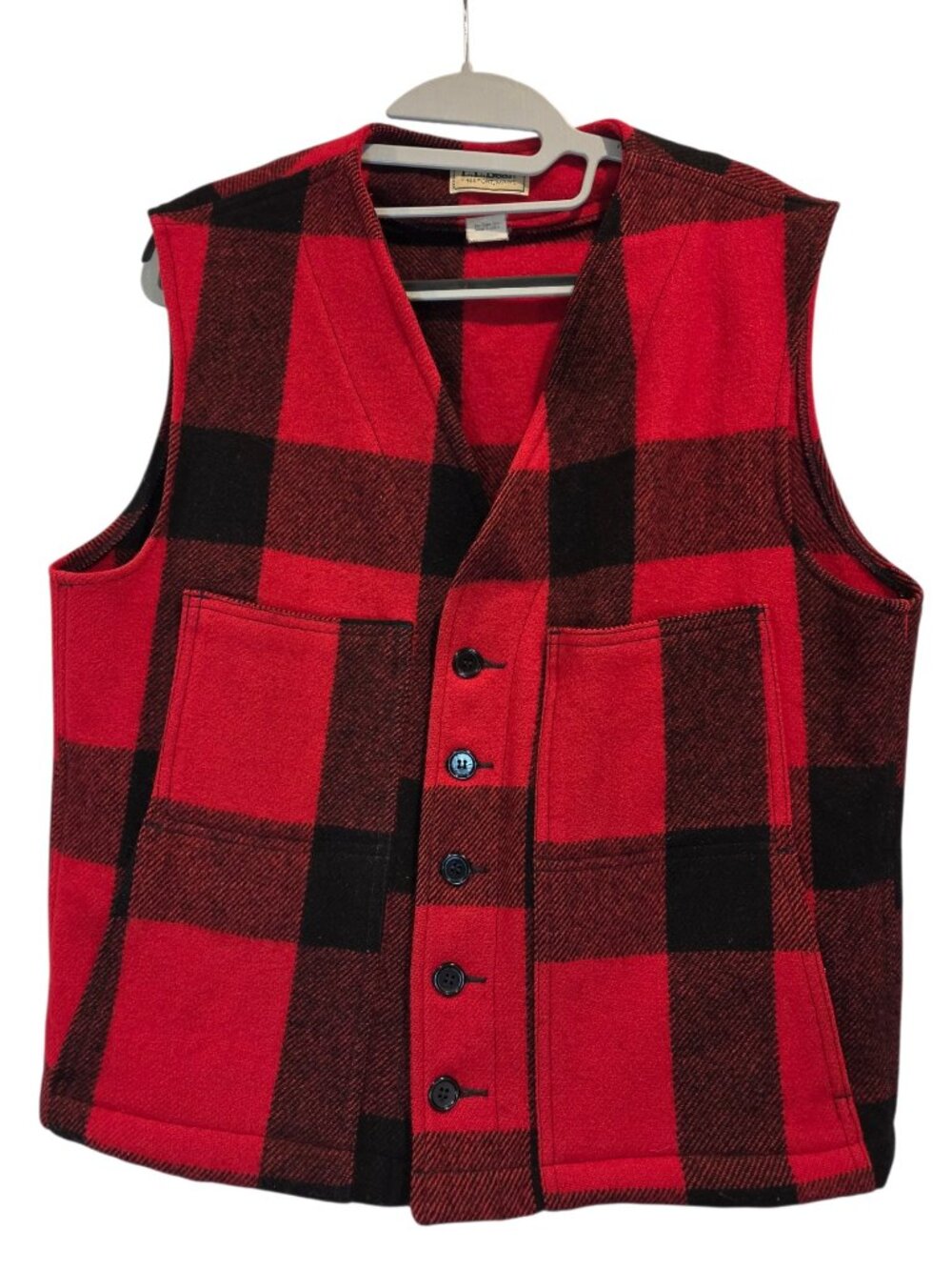 LL Bean Wool Buffalo Plaid Vest Vintage 80s-90s Red Black USA Made SZ Medium